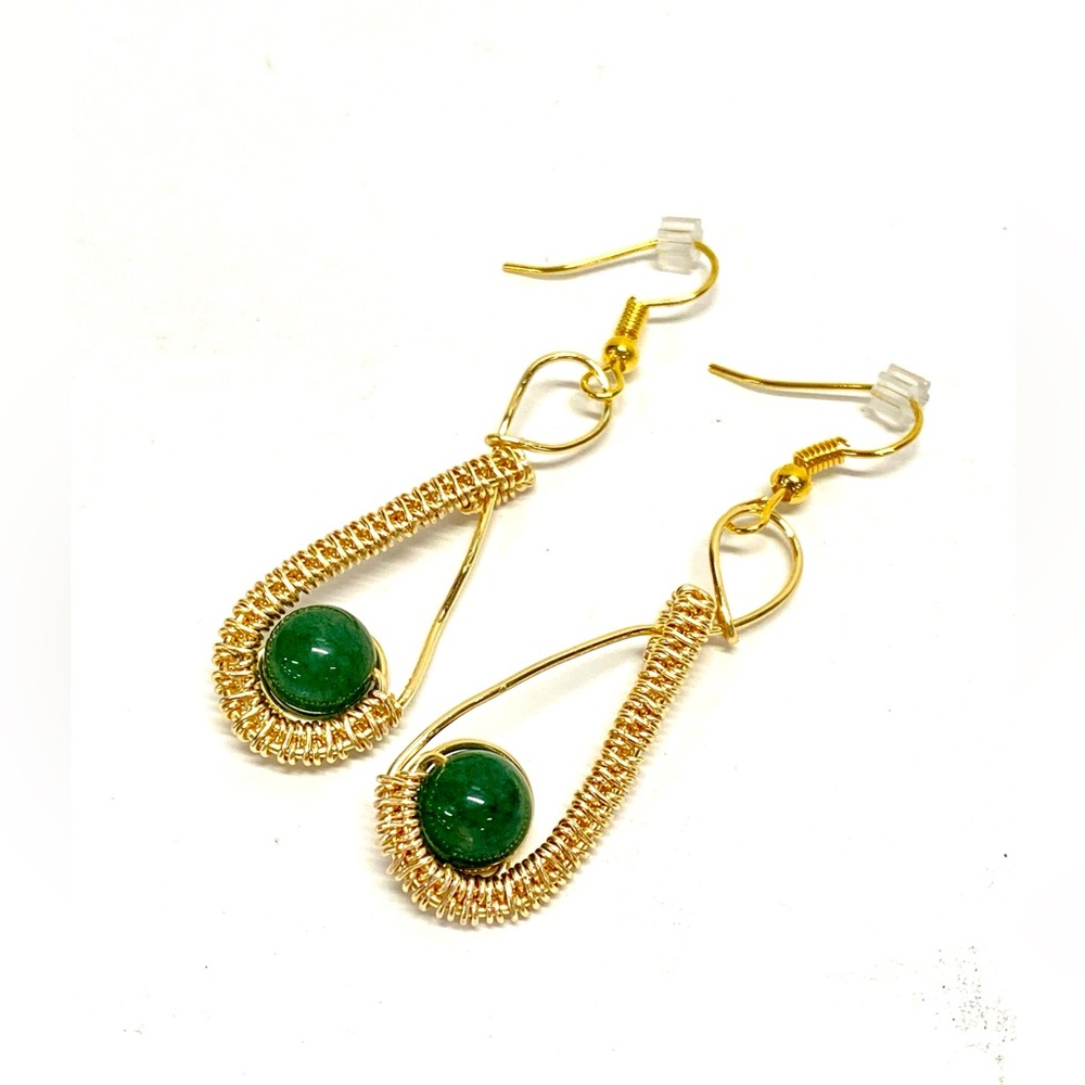 HANDMADE Green Aventurine Beads in Wrapped and Woven Frame Dangle Earrings